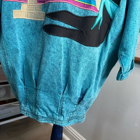 Vintage Sundance Turquoise Jean Jacket with Southwest Embroidery Large - Picture 7 of 8